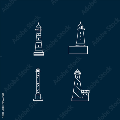The lighthouse building set is in line. Marine houses by the sea. Doodle of a building with a lantern for design. Vector illustration