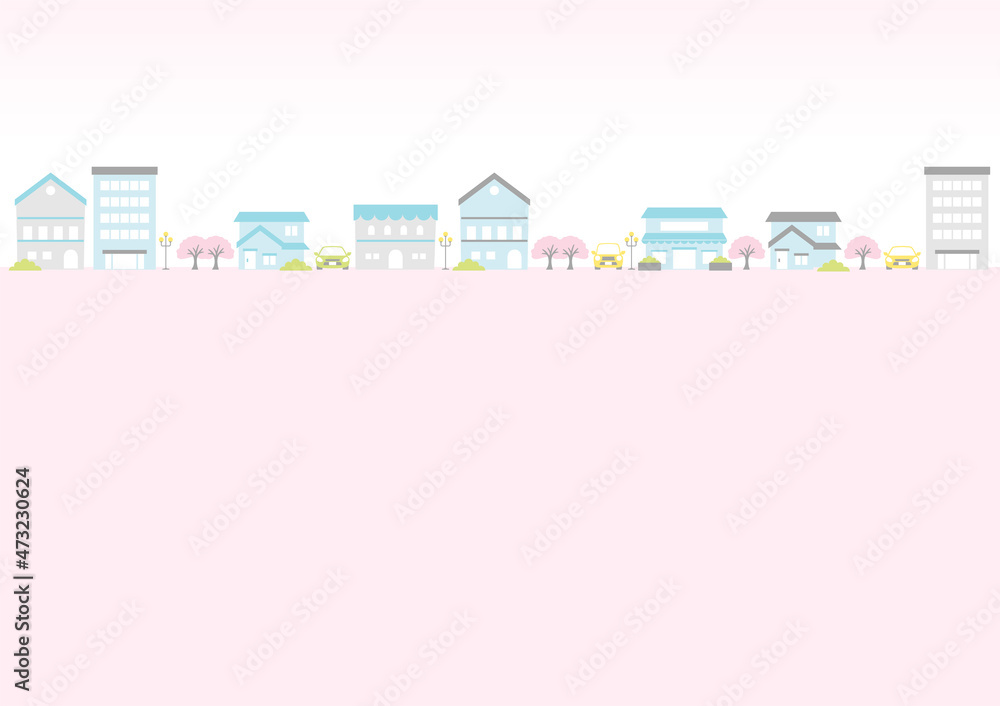 illustration of cherry blossoms and town