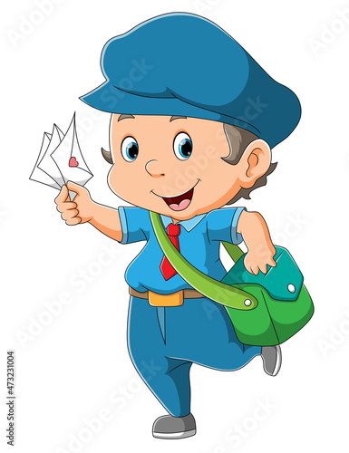 The cheerful postman is delivering the envelope