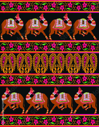 Colorful seamless border pattern with fantasy ornate camels and classic floral motifs 