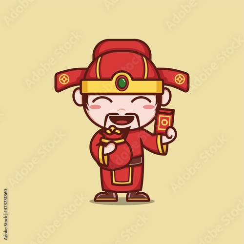 cute cartoon caishen god in chinese new year with gold and gifts. vector illustration for mascot logo or sticker