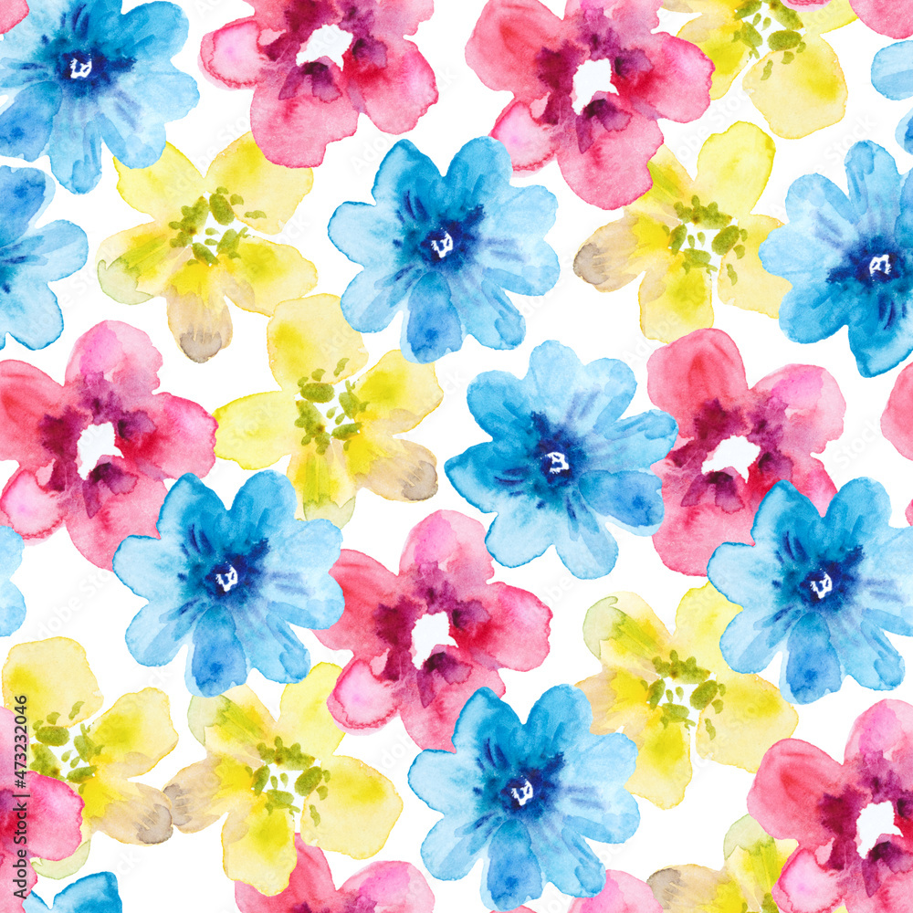 Watercolor seamless pattern with colorful abstract simple flowers. Cute festive floral print for design and fabric.