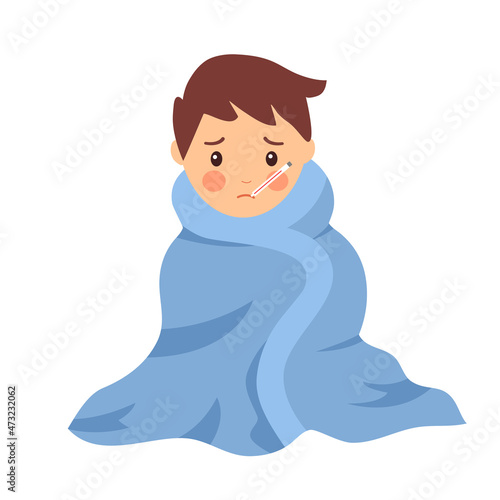 Sick Child suffering from flu with blanket. Boy kids has fever and take thermometer in mouth. Cold or influenza disease concept. Season allergy.