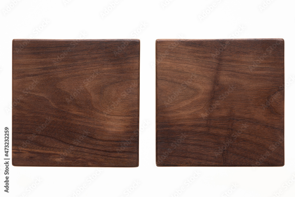 Two handmade square black walnut wooden pallets. Two handmade square black walnut wooden pallets.