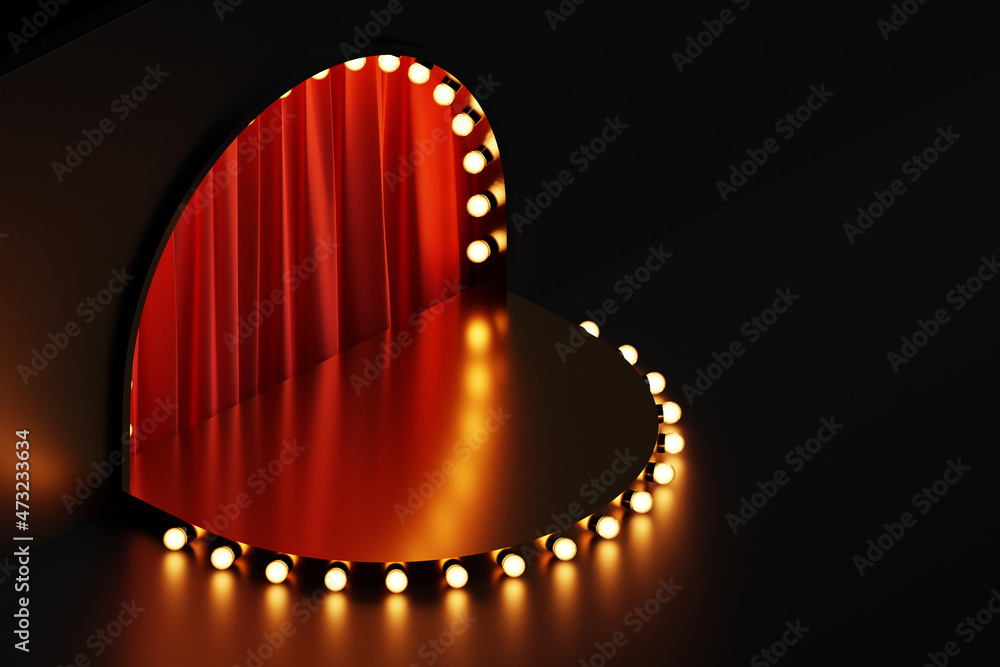 3d illustration of a scene from a circle with red theater curtains from the back on a black background. Theatrical stage concept