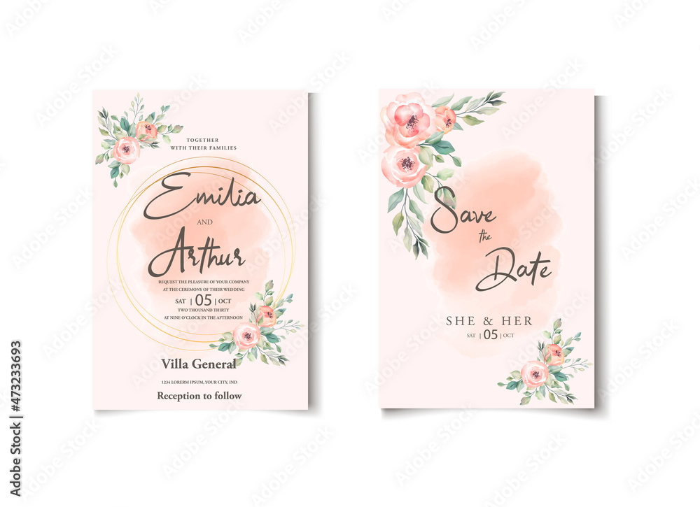 Wedding floral golden invitation card save the date design with pink flowers roses and green leaves wreath and frame. Botanical elegant decorative vector template in watercolor style Wedding floral golden invitation card save the date design with pink flowers roses and green leaves wreath and frame. Botanical elegant decorative vector template in watercolor style