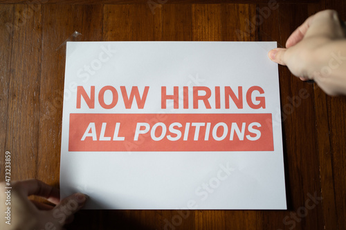 Canvas Print Now hiring sign on the wall