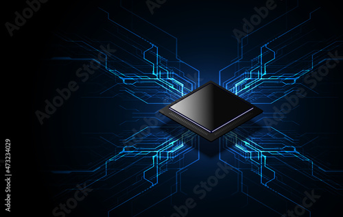Abstract technology chip processor background circuit board and html code,3D illustration blue technology background vector.