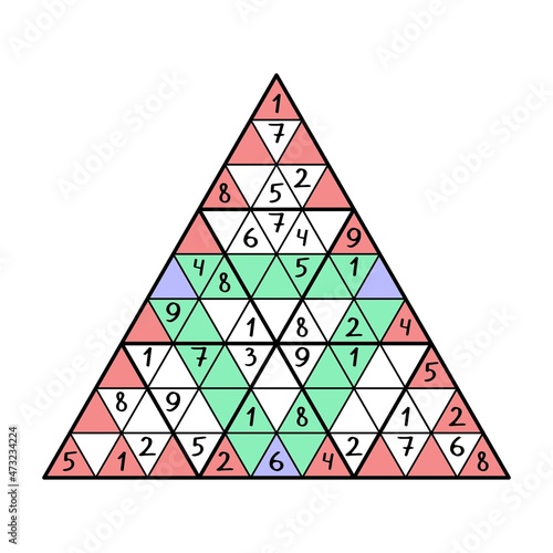 Grand triangle sudoku isolated on white vector illustration. Colorful number puzzle for kids. Place numbers from 1 to 9 into each big triangle, red and green lines just once
