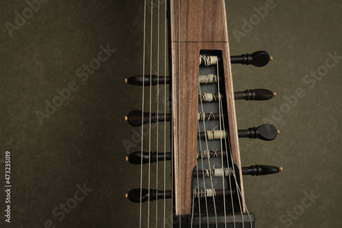 Theorbo of the 17th century. Close-up details....