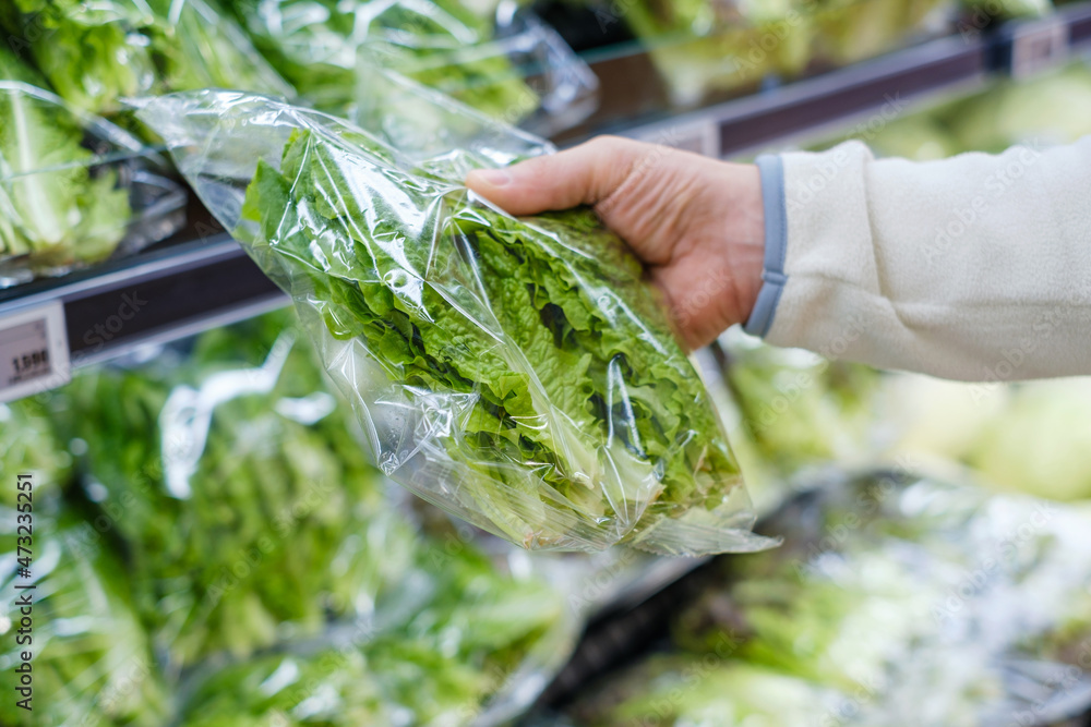 A male hand holding green lettuce leaves in a supermarket close-up