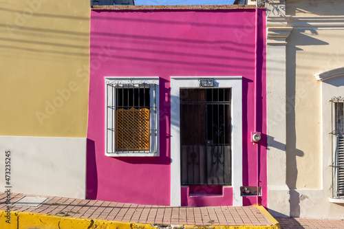 Mexico, Mazatlan, Colorful old city streets in historic city center near El Malecon promenade, ocean shore Zona Hotelera Hotel Zone and central Mazatlan Basilica cathedral.