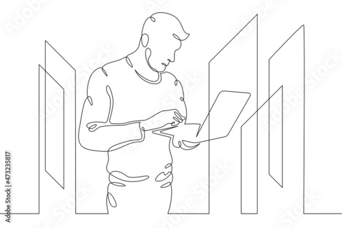 IT specialist is holding a laptop. Data center, server cabinet. Digital technologies. Working with the server. One continuous line .One continuous drawing line logo isolated minimal illustration.