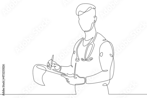 One continuous line.Medical doctor with endoscope. Doctor writes. Medicine and healthcare. Doctor visit.One continuous drawing line logo isolated minimal illustration. photo