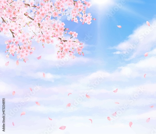 美しく華やかな桜の花と花びら舞い散る春の青空に光差し込む雲のノスタルジックな背景ベクター素材イラスト
