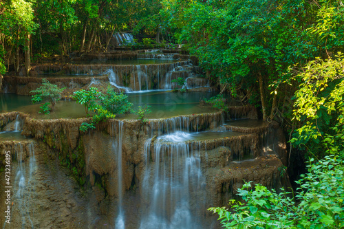 Huay Mae Khamin Waterfall. Nature landscape of Kanchanaburi district in natural area. it is located in Thailand for travel trip on holiday and vacation background, tourist attraction