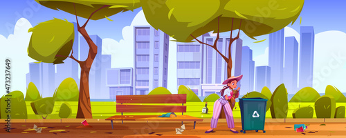 Woman clean up city park. Girl collect garbage in public garden and put to recycling container. Polluted urban area with wastes lying on bench, ground and under trees, Cartoon vector illustration