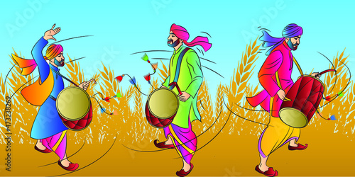 Punjabi bhangra drummer in harvest festival Lohari, vector illustration
