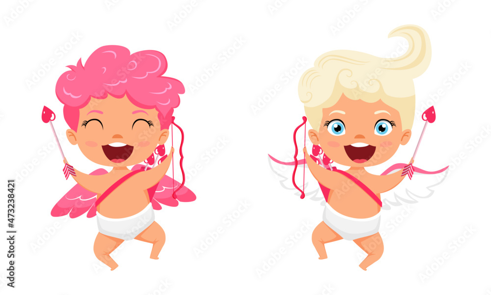 Happy cute cupid characters with wings and jumping posing with arrow with cheerful expression Happy cute cupid characters with wings and jumping posing with arrow with cheerful expression