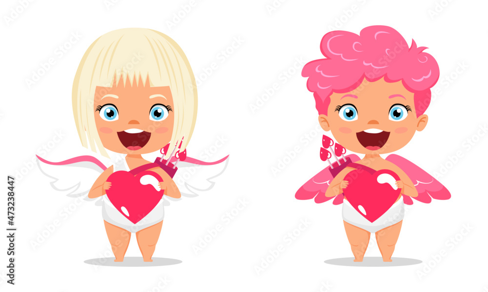 Happy cute cupid characters with wings and standing posing with arrow with cheerful expression and holding hart shape placard Happy cute cupid characters with wings and standing posing with arrow with cheerful expression and holding hart shape placard