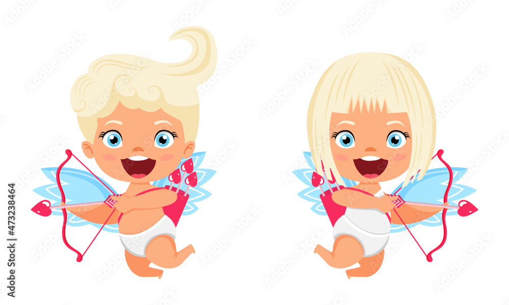 Happy cute cupid characters with wings and flying posing opposite direction with arrow with cheerful expression Happy cute cupid characters with wings and flying posing opposite direction with arrow with cheerful expression