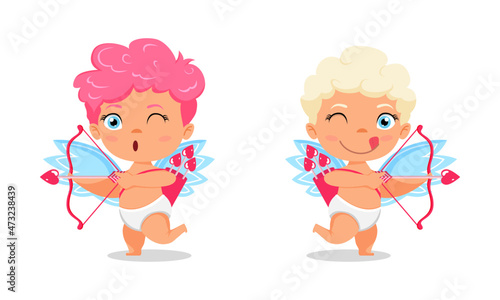 Happy cute cupid characters with wings and standing opposite direction and posing with arrow and pointing with cheerful expression isolated on white background