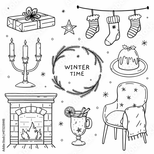 Set of winter doodles - gift, Christmas socks, traditional pudding, mulled wine, candles, fireplace and armchair. Vector hand-drawn illustration isolated on white. Perfect for holiday designs, cards.