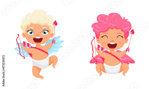 Happy cute cupid characters with wings and jumping flying posing with arrow with cheerful expression