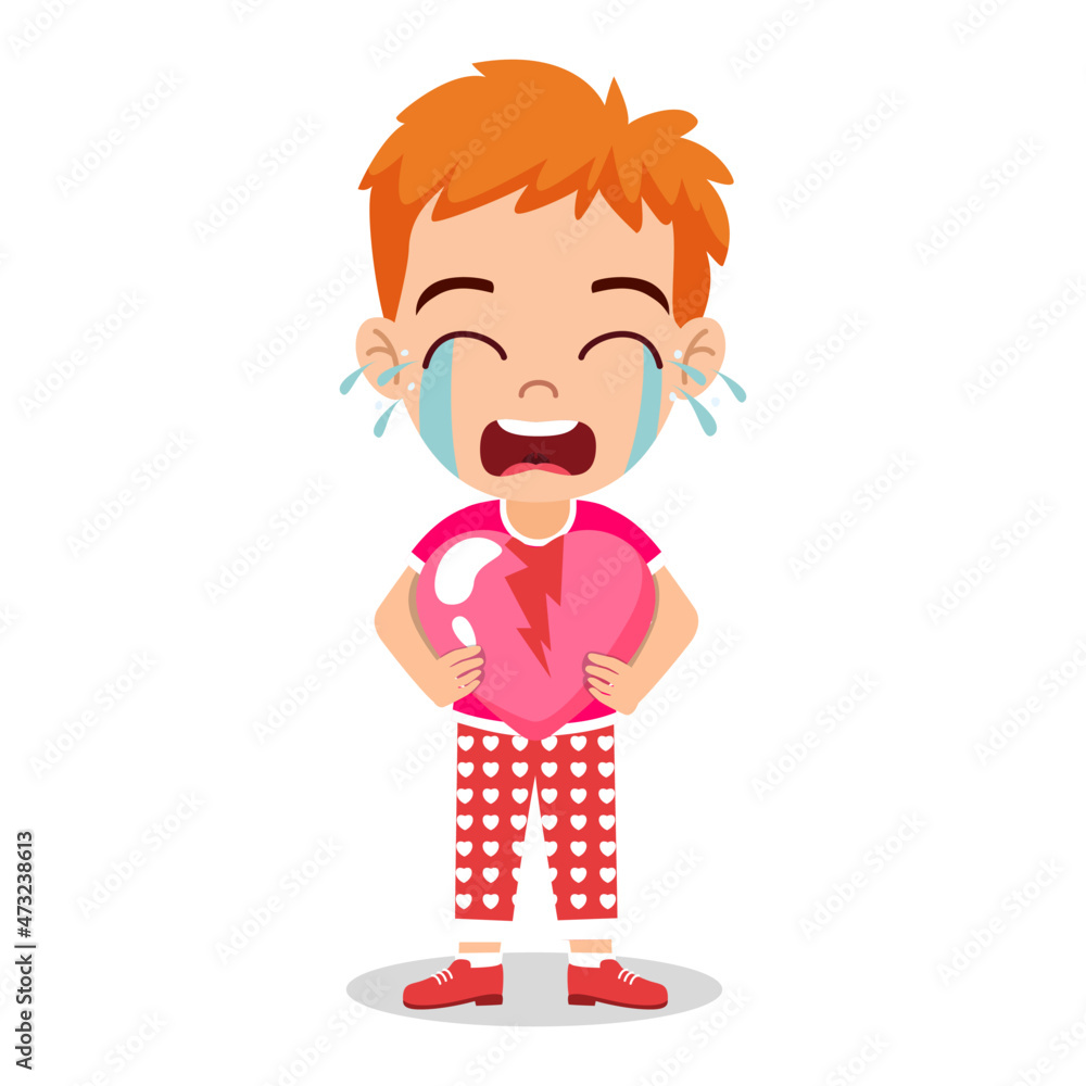 Cute kid boy character standing and holding broken hart shape placard and crying Cute kid boy character standing and holding broken hart shape placard and crying