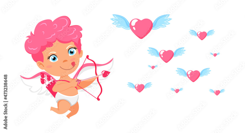 Happy cute cupid character with wings flying and pointing to flying letter with cheerful expression isolated