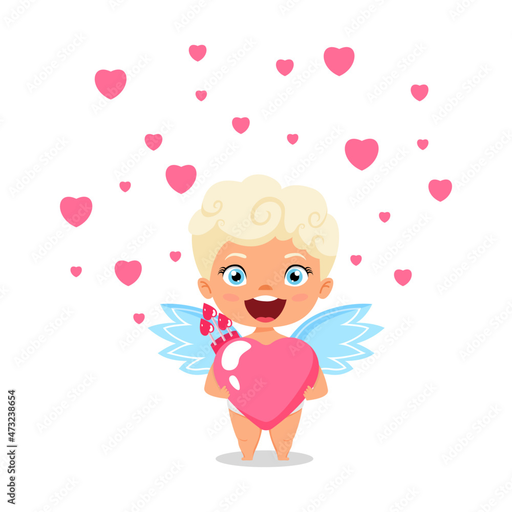 Happy cute cupid character with wings and standing holding hart shape placard