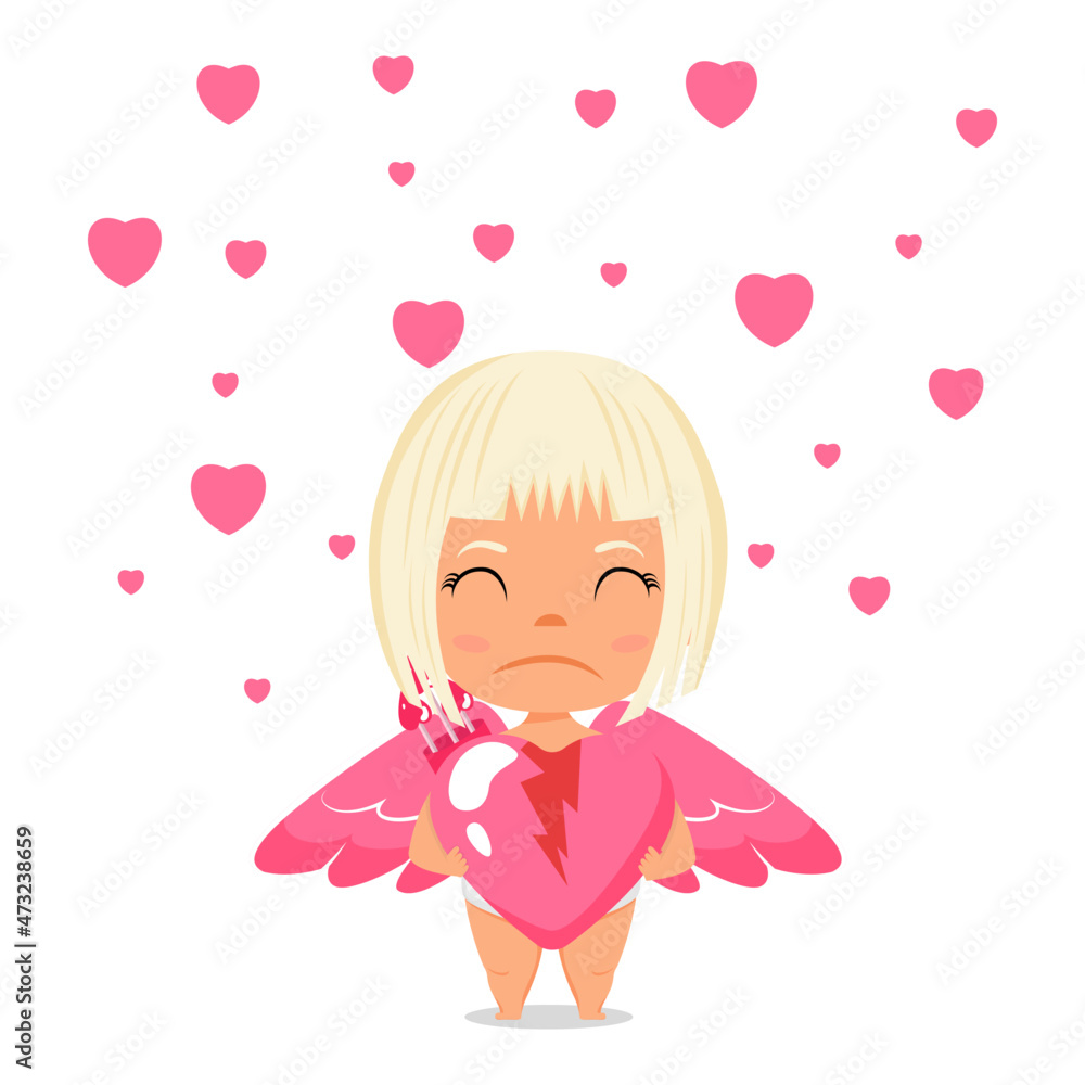 Happy cute cupid character with wings and standing holding broken hart shape placard with unhappy expression Happy cute cupid character with wings and standing holding broken hart shape placard with unhappy expression