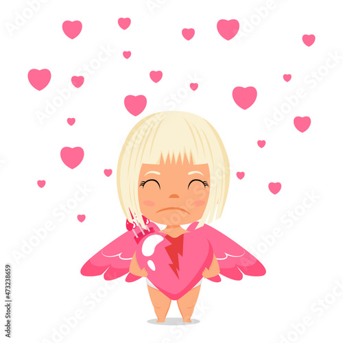 Happy cute cupid character with wings and standing holding broken hart shape placard with unhappy expression