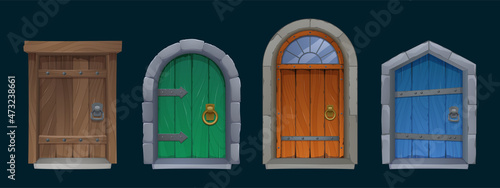 Old medieval wooden doors with handle, stone arch and step. Vector cartoon set of entrance in vintage house, castle or temple. Colored ancient doors from wood planks isolated on black background