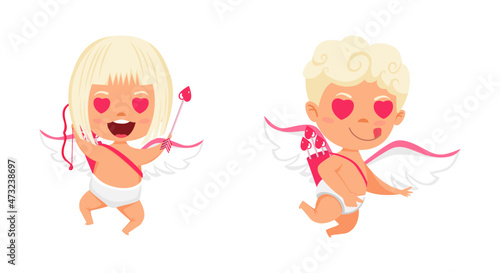 Happy cute cupid characters with wings and jumping flying posing with arrow with cheerful expression isolated on white background