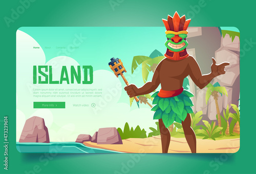 Island banner with black man in tiki mask on sea beach. Vector landing page of traditional tribal culture with cartoon illustration of man with polynesian or hawaiian totem mask and torch