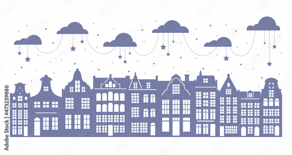 Silhouette of a row Amsterdam houses. Facades of European old buildings for Christmas decoration. Holland homes. Vector