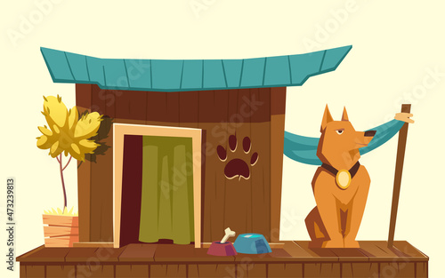 Dog sitting near wooden kennel with bone and water in bowls. Vector cartoon illustration of cute puppy champion with gold medal and doghouse isolated on background