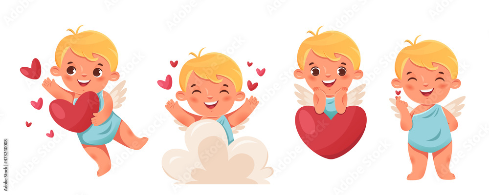 Funny cupid, little angels or amur. Cute little kids with heart. Romantic vector characters. Funny cupid, little angels or amur. Cute little kids with heart. Romantic vector characters.