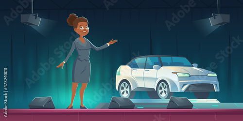 Car seller presenting modern automobile on show room stage, auto presentation in salon or exhibition with saleswoman and vehicle on scene with spotlights and curtains, Cartoon vector illustration