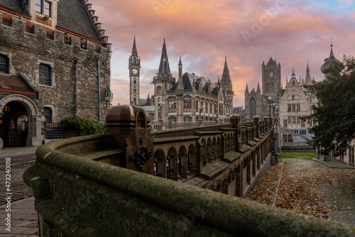 Graslei with the towers of Ghent