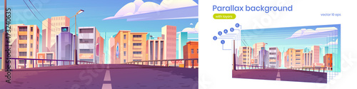 Road to city with office buildings, shops and houses. Vector parallax background for 2d animation with cartoon urban landscape, cityscape with empty street and town buildings
