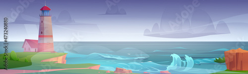 Lighthouse on sea shore at storm, beacon building at disaster nature ocean landscape with splashing water waves under dull sky with heavy grey clouds, disaster at coastline Cartoon vector illustration