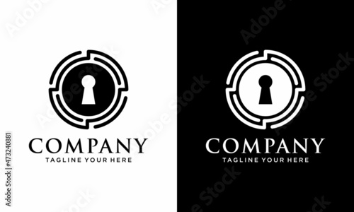 circle with key vector, key technology logo design vector template. on a black and white background.
