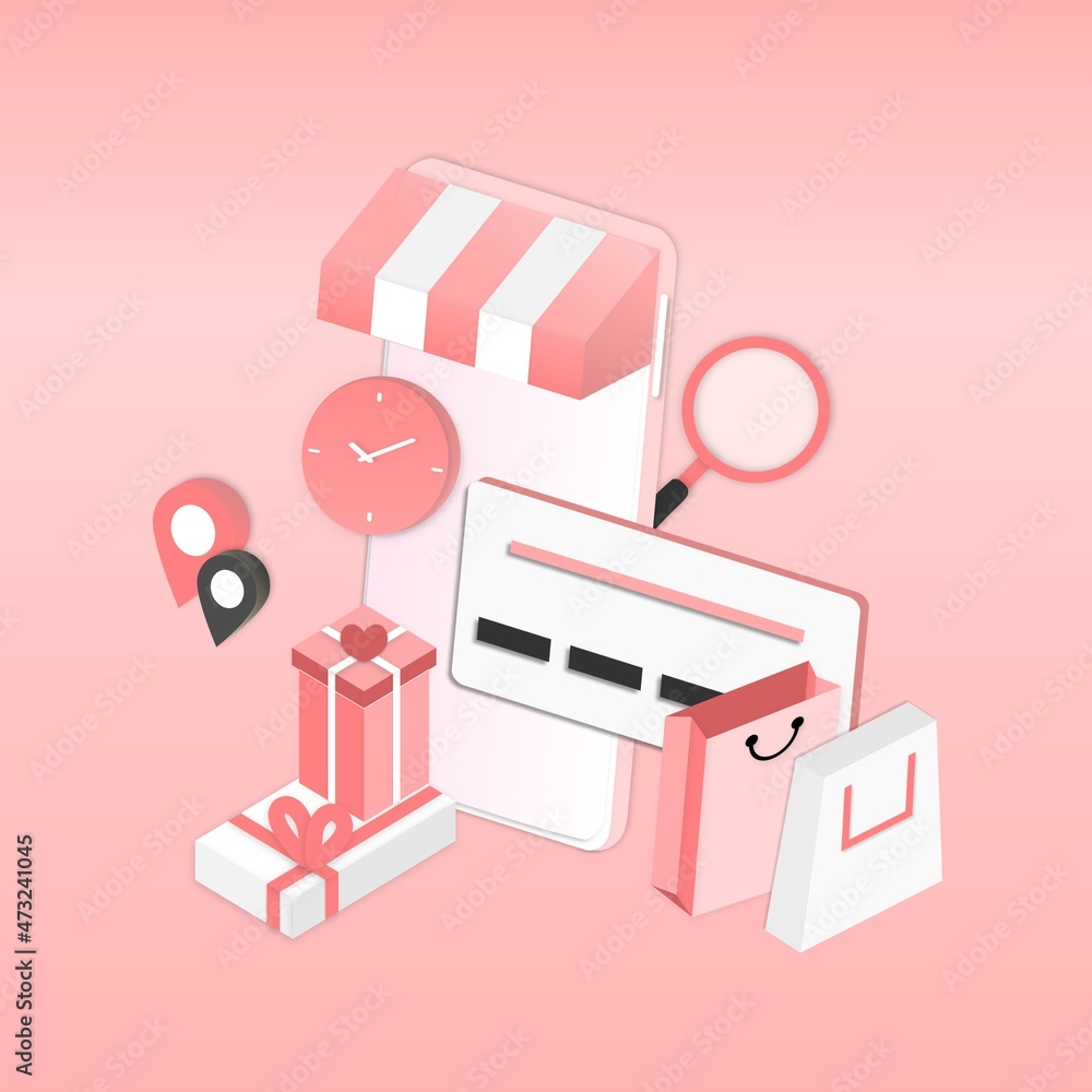 3D realistic online shopping on website or mobile application concept of vector marketing and digital marketing. Isometric paper art for digital store promotion, online payment, delivery, sale, ads. 3D realistic online shopping on website or mobile application concept of vector marketing and digital marketing. Isometric paper art for digital store promotion, online payment, delivery, sale, ads.