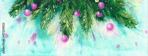 Blurred watercolor background fir branches, balls, New Year