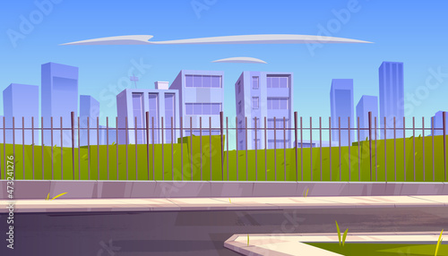 City skyline, urban view background with skyscrapers, green lawn and pathway behid of metal fence. Summertime cityscape, downtown with architecture residential buildings, Cartoon vector illustration photo