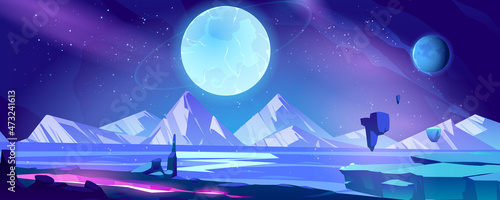 Alien planet landscape  cosmic background  deserted coastline with mountains view  glowing cleft  stars and shining spheres in space. Extraterrestrial pc game backdrop  cartoon vector illustration