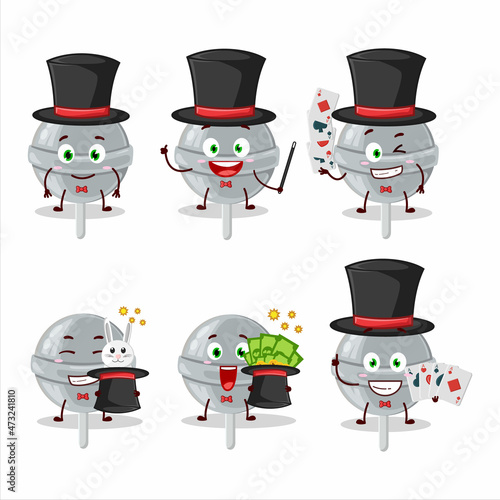 A sweet white lollipop Magician cartoon character perform on a stage