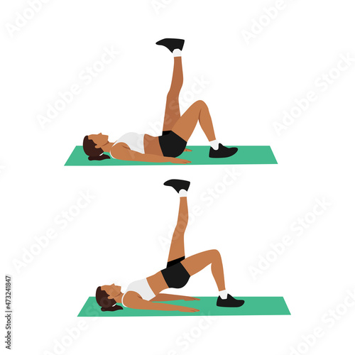 Woman doing Single leg bridge exercise. Flat vector illustration isolated on white background